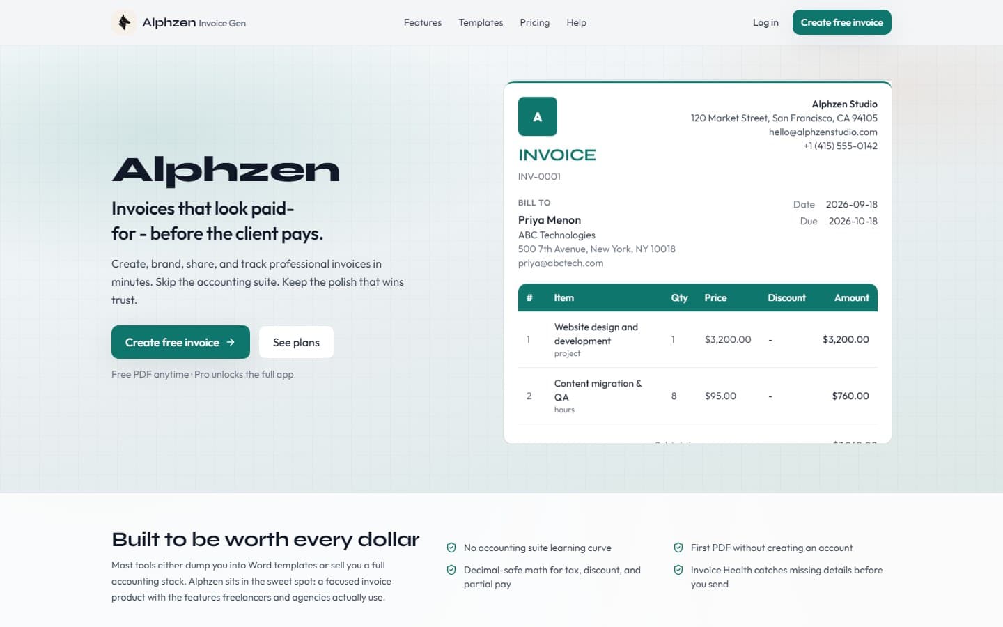 Alphzen Invoice Generator website preview